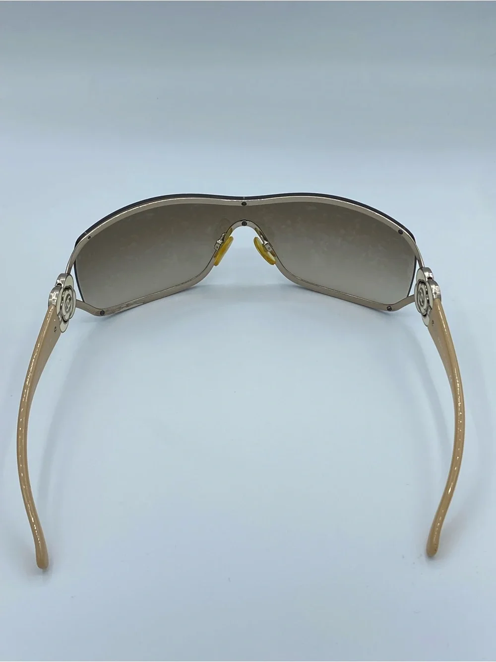 CHANEL Brown Gradient Shield Sunglasses with Gold Camellia Accents